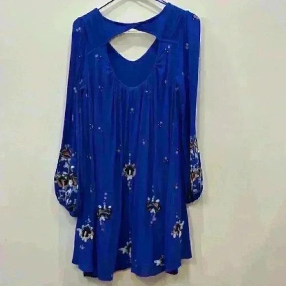 Free People Oxford Embroidered Mini Swing Dress Size Medium Cobalt Blue Indie - Picture 4 of 14